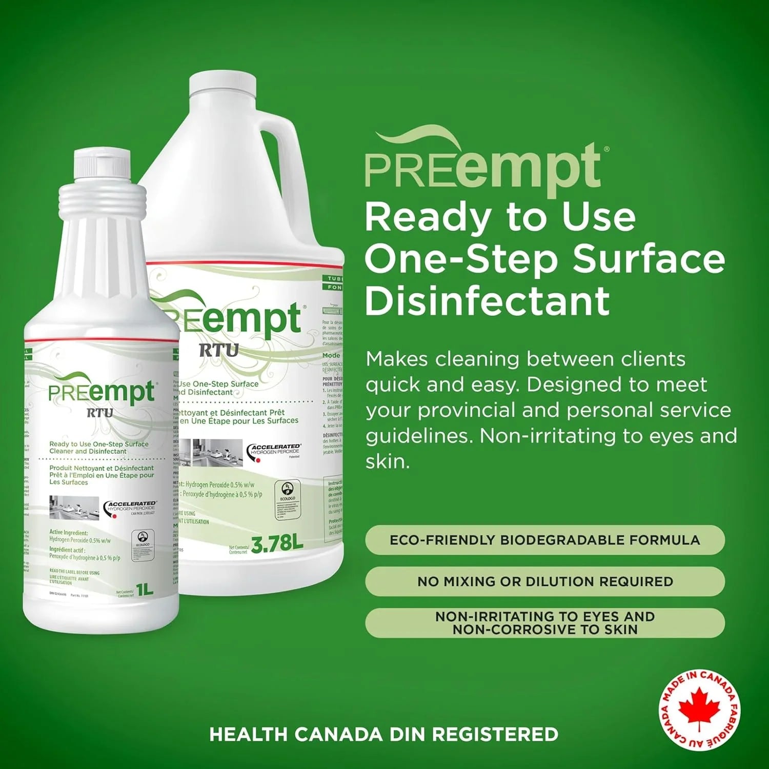 PREempt Ready to Use One-Step Surface Disinfectant bottles on a green background with product details - GREENLIFE - Cleaning & Disinfecting